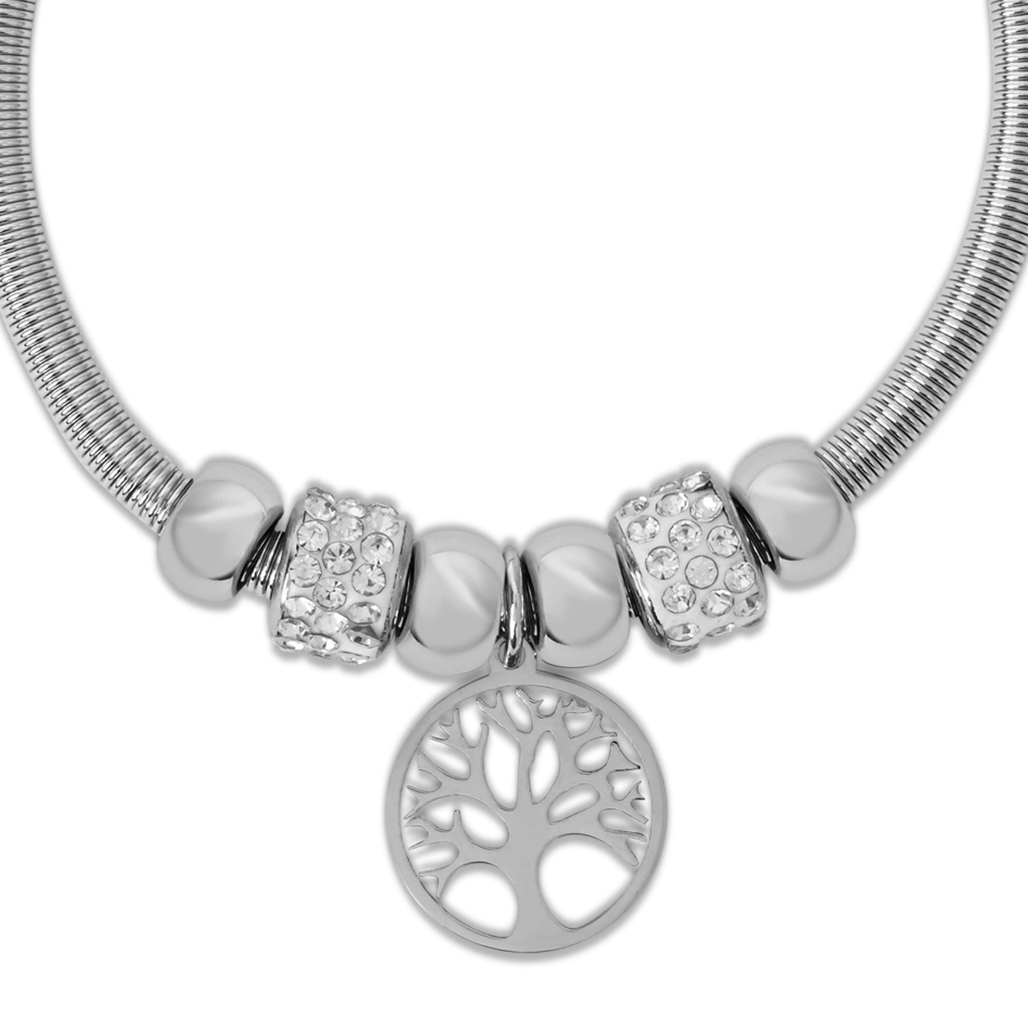 Spiritual Tree of Life Silver Bracelet with Rhinestone Beads
