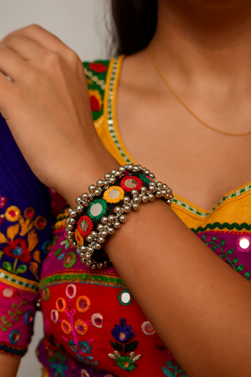Artisan Crafted Embroidered Kada with Mirror & Ghungroo Accents
