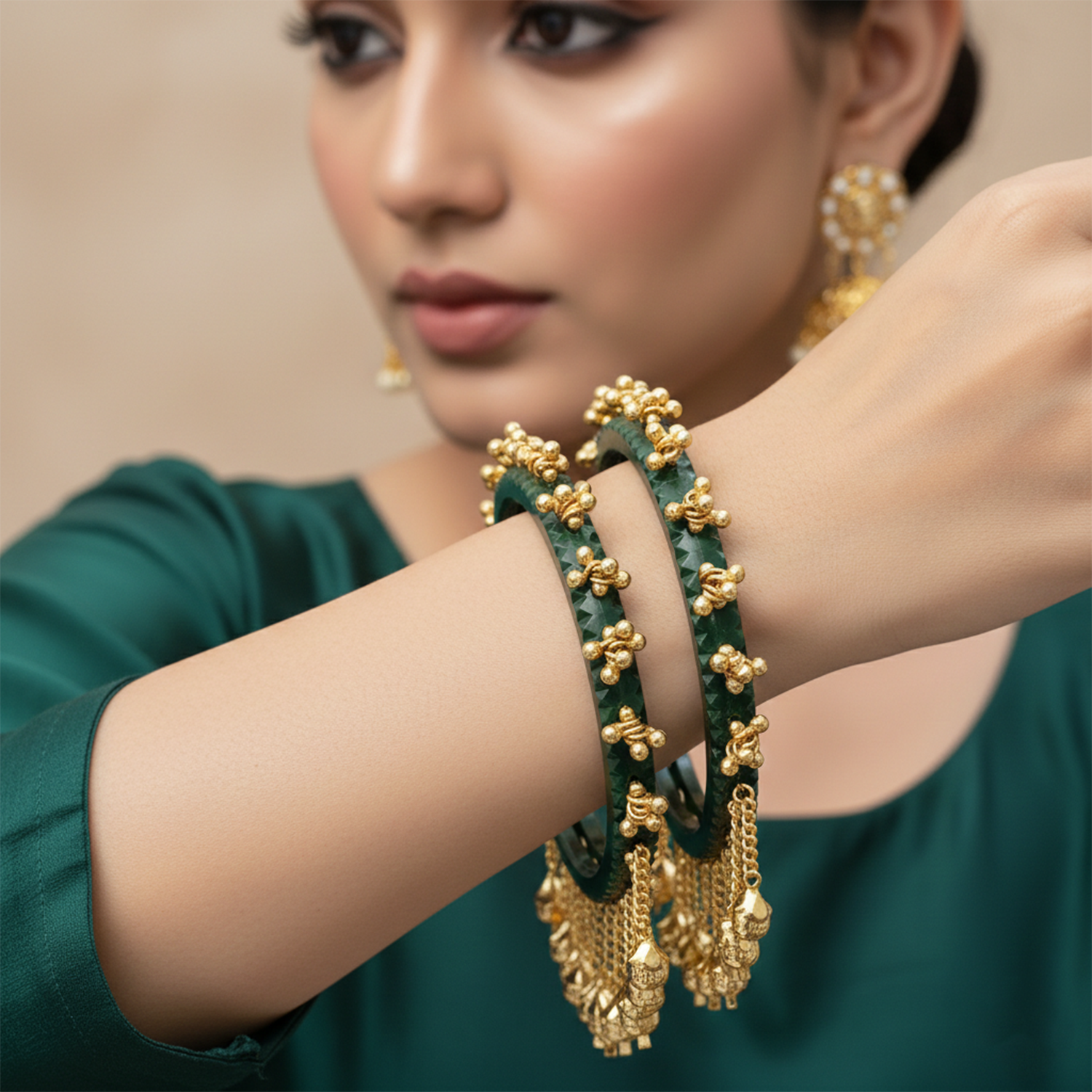 Indira- Green Heritage Ghungroo Bangles (Set of 2)