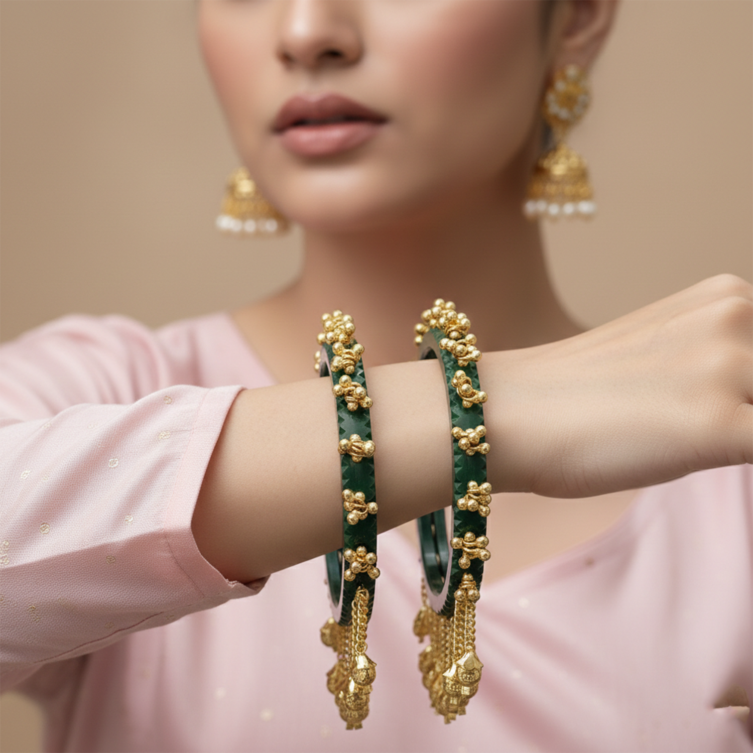 Indira- Green Heritage Ghungroo Bangles (Set of 2)