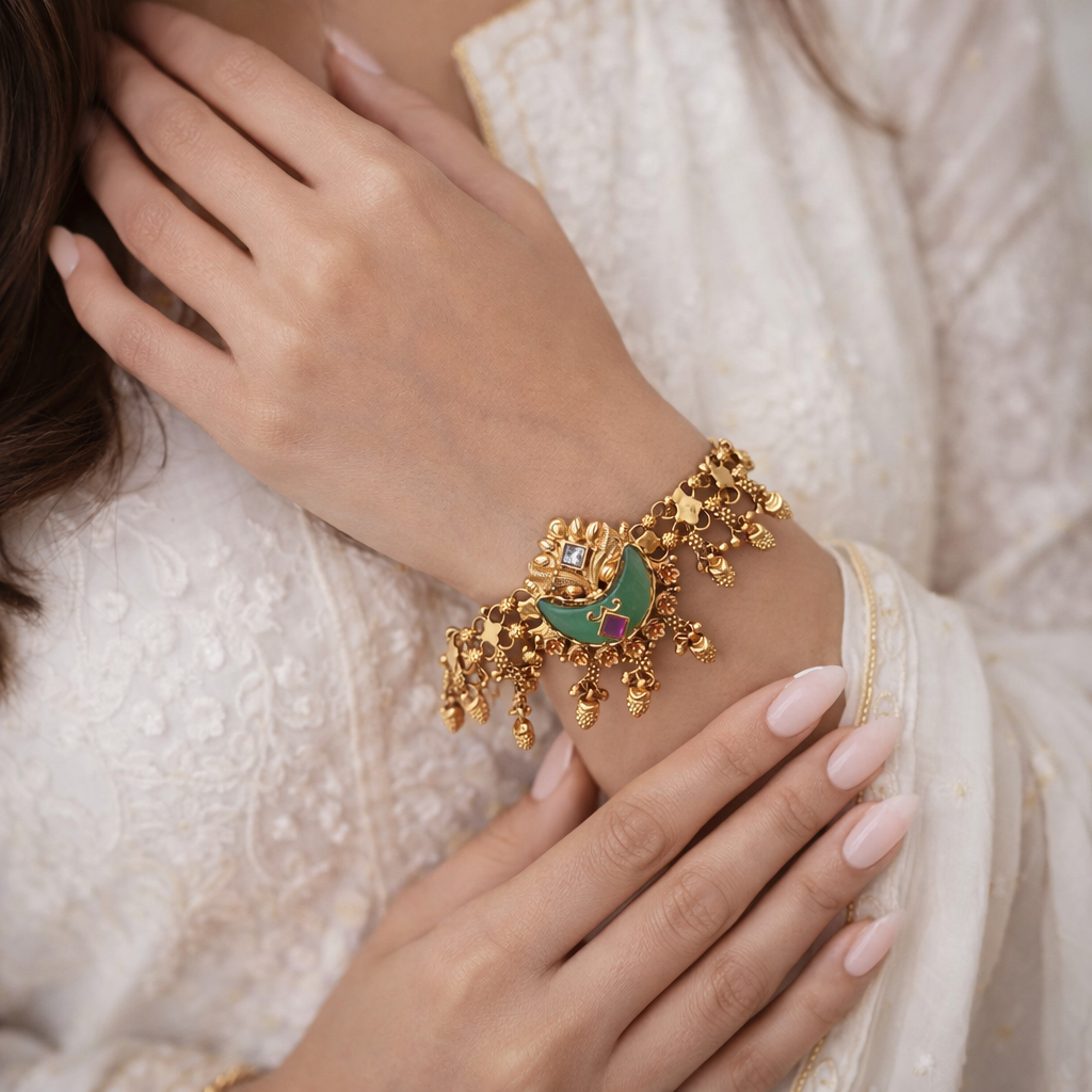 Chandrika- Heritage Crescent Bloom Antique Gold-Finish Bracelet.