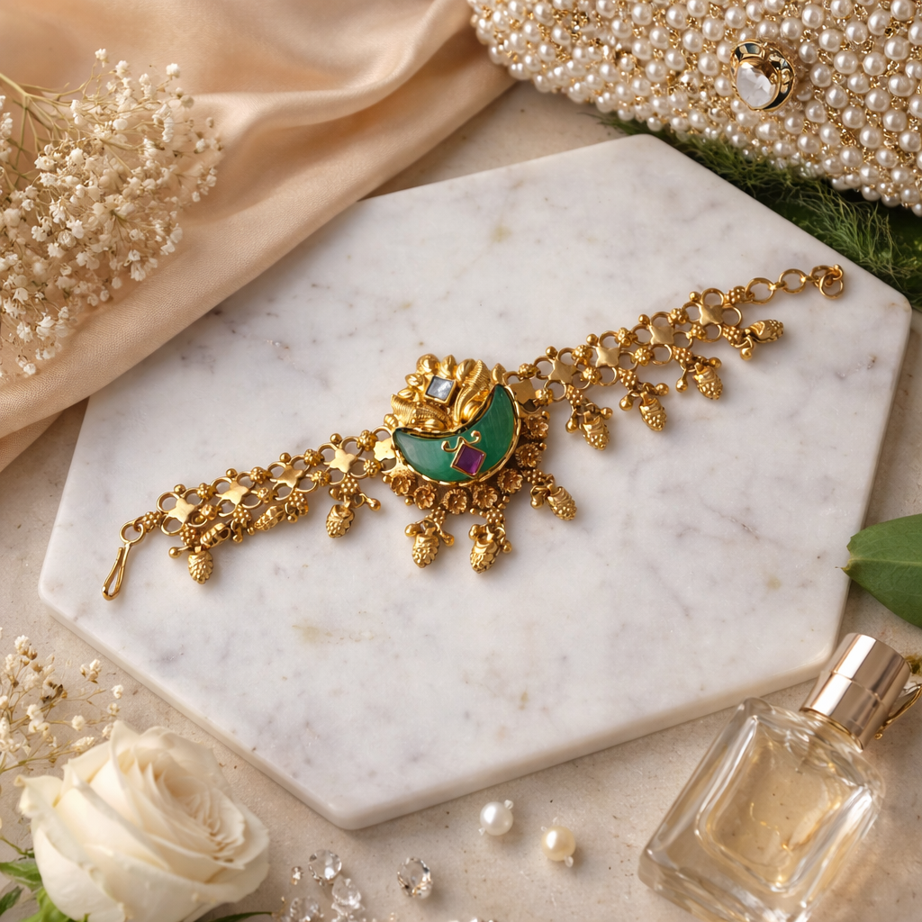 Chandrika- Heritage Crescent Bloom Antique Gold-Finish Bracelet.