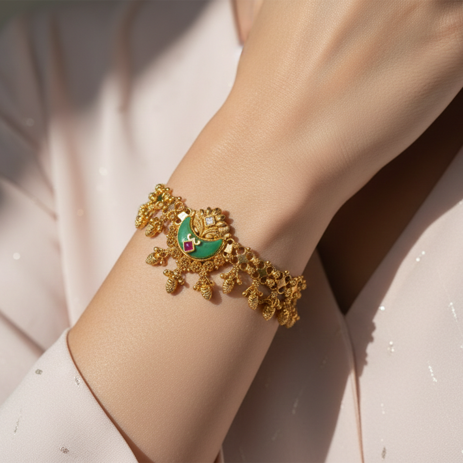 Chandrika- Heritage Crescent Bloom Antique Gold-Finish Bracelet.