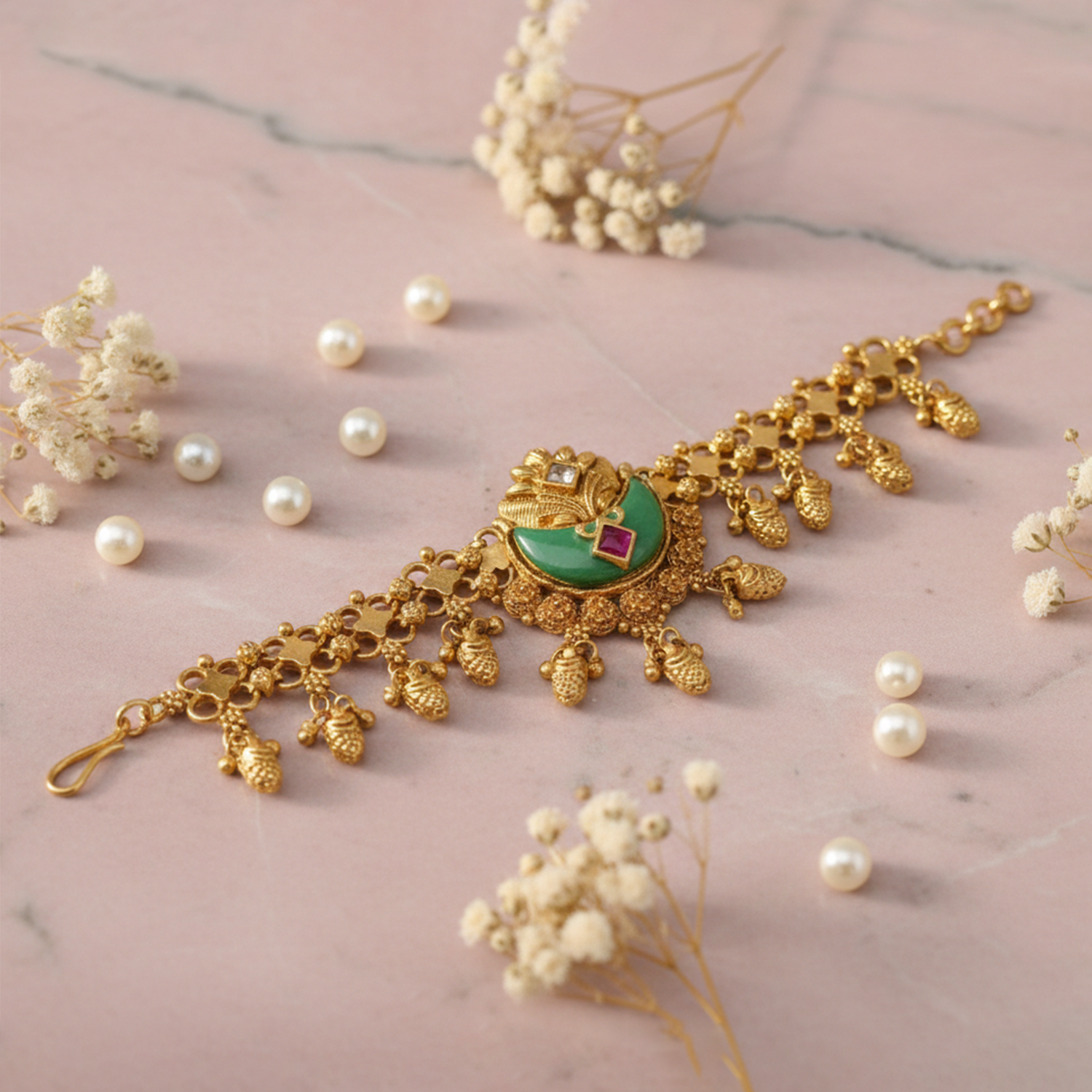 Chandrika- Heritage Crescent Bloom Antique Gold-Finish Bracelet.