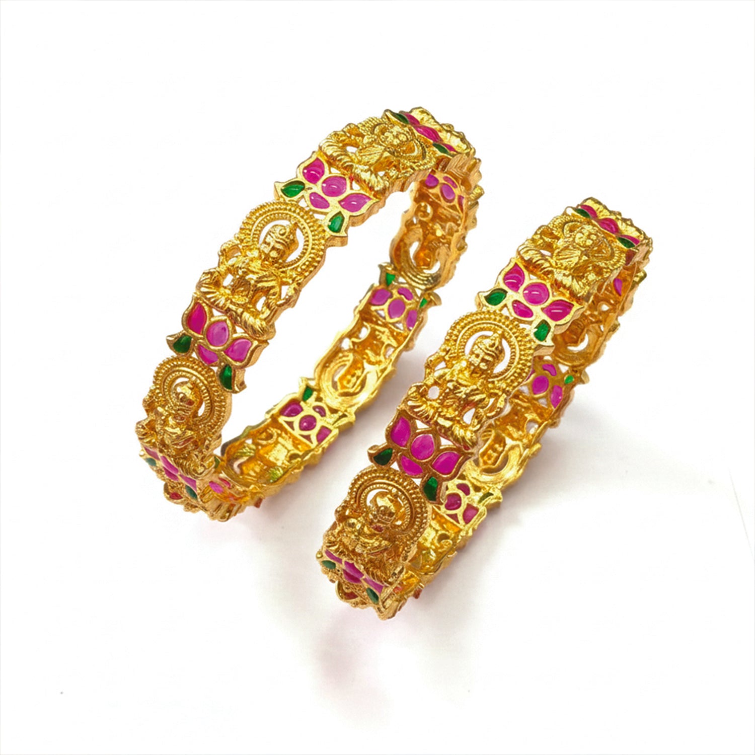 Suvarna-Royal Temple Gold Bangles with Pink & Green Stone Work