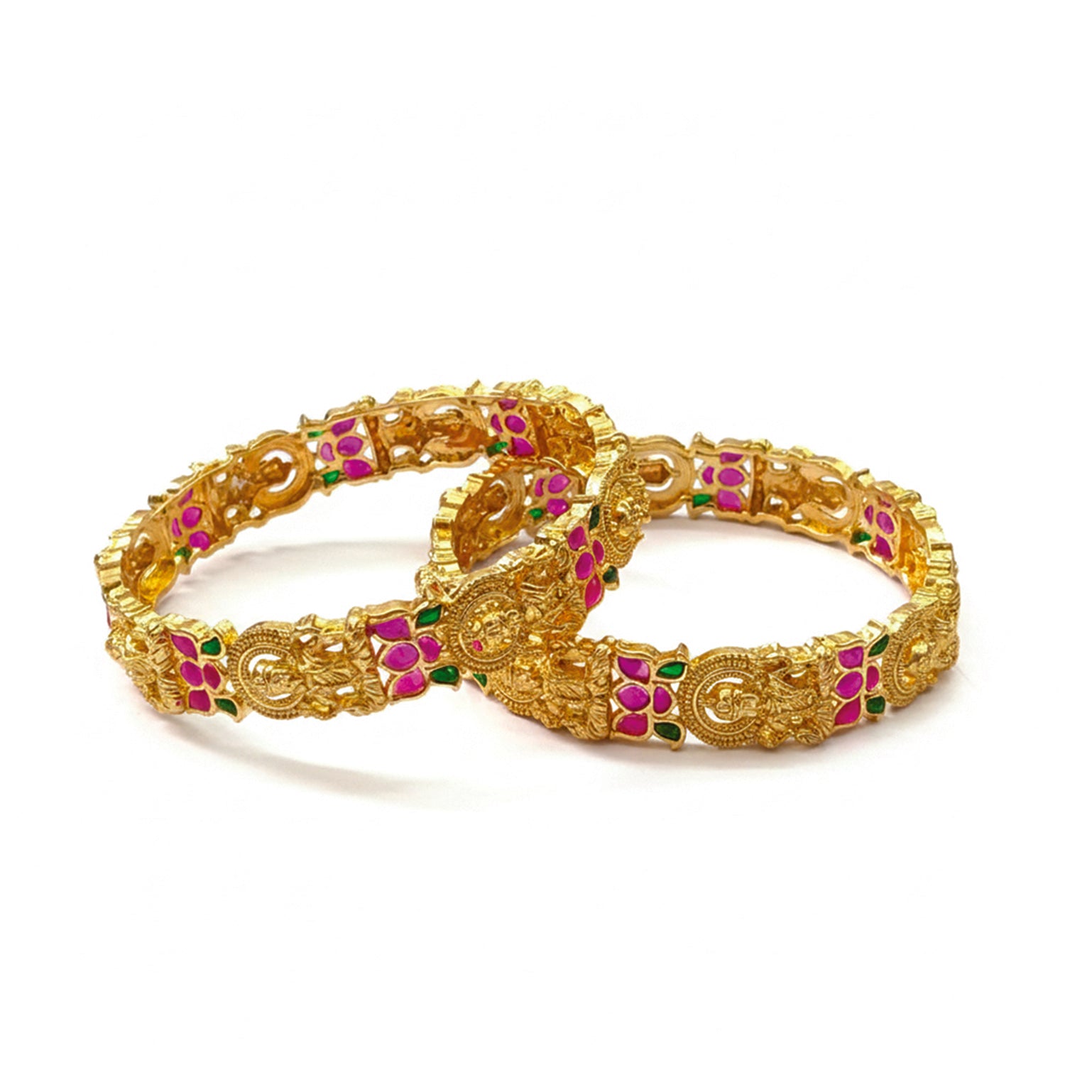 Suvarna-Royal Temple Gold Bangles with Pink & Green Stone Work