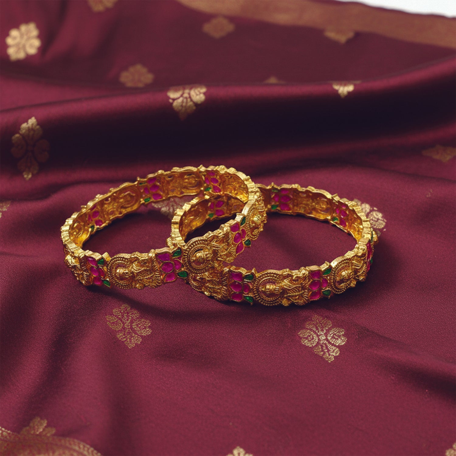 Suvarna-Royal Temple Gold Bangles with Pink & Green Stone Work
