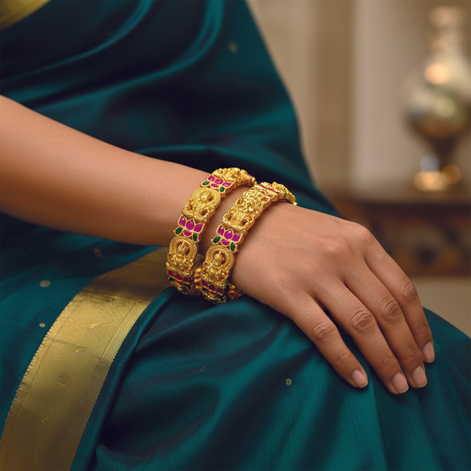 Suvarna-Royal Temple Gold Bangles with Pink & Green Stone Work