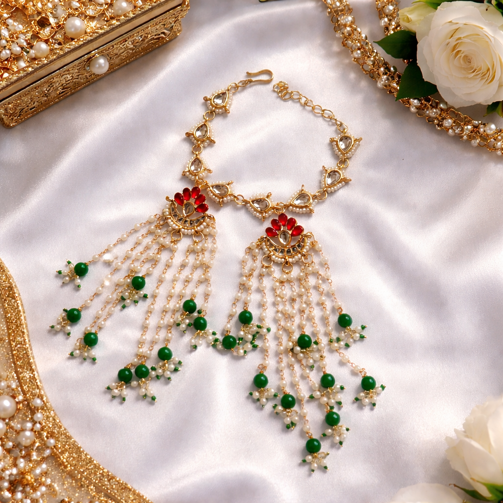 Jasleen- Kundan Pearl Tassel Statement Bracelet with Emerald Beads