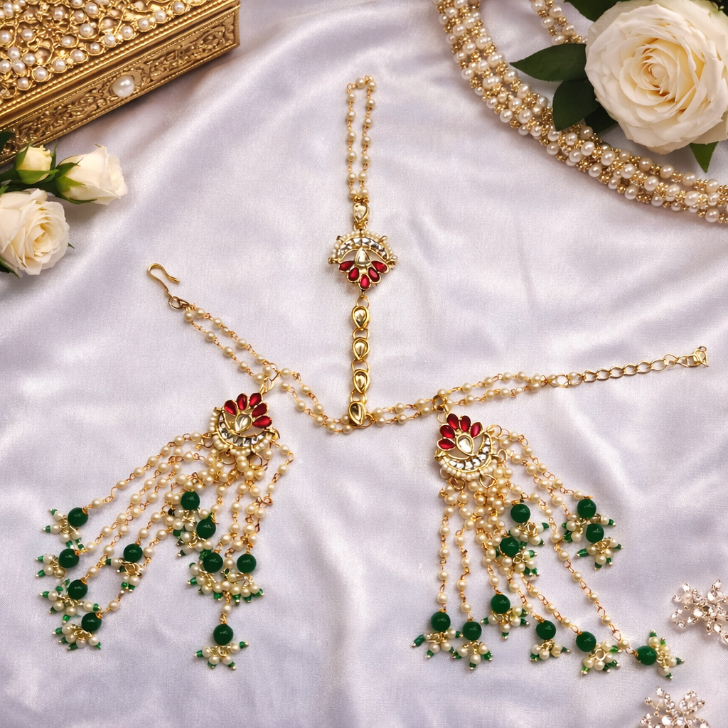 Harpreet- Kundan Pearl & Emerald Tassel Haathphool