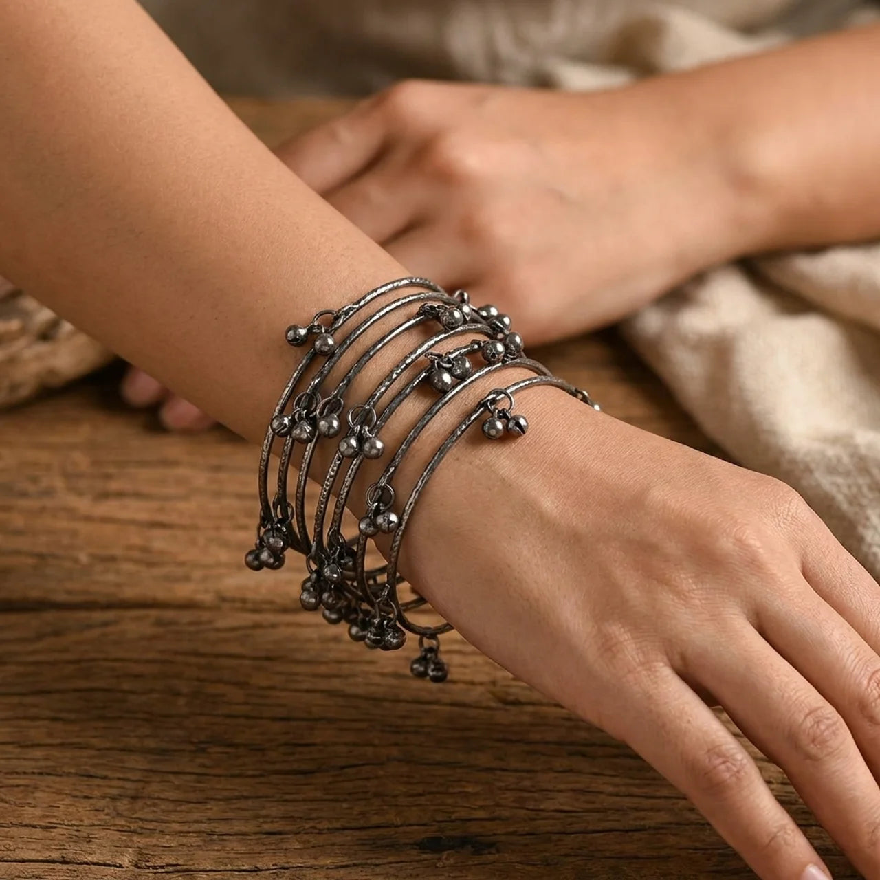 Traditional Kashmiri Oxidised Black -Tone Ghungroo Bangles (Pack of 8)