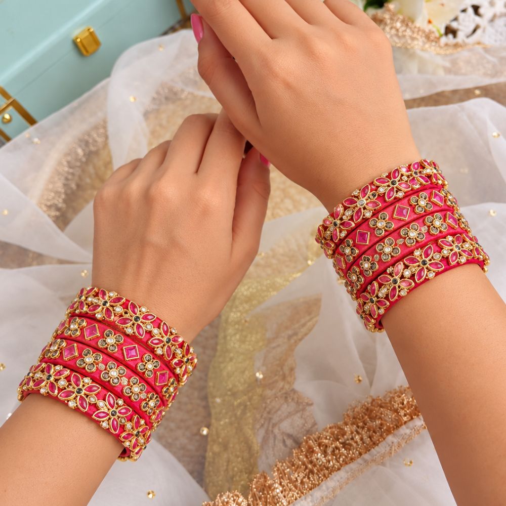 Ridhimi – Rani Pink Floral Stone Studded Bangles Set