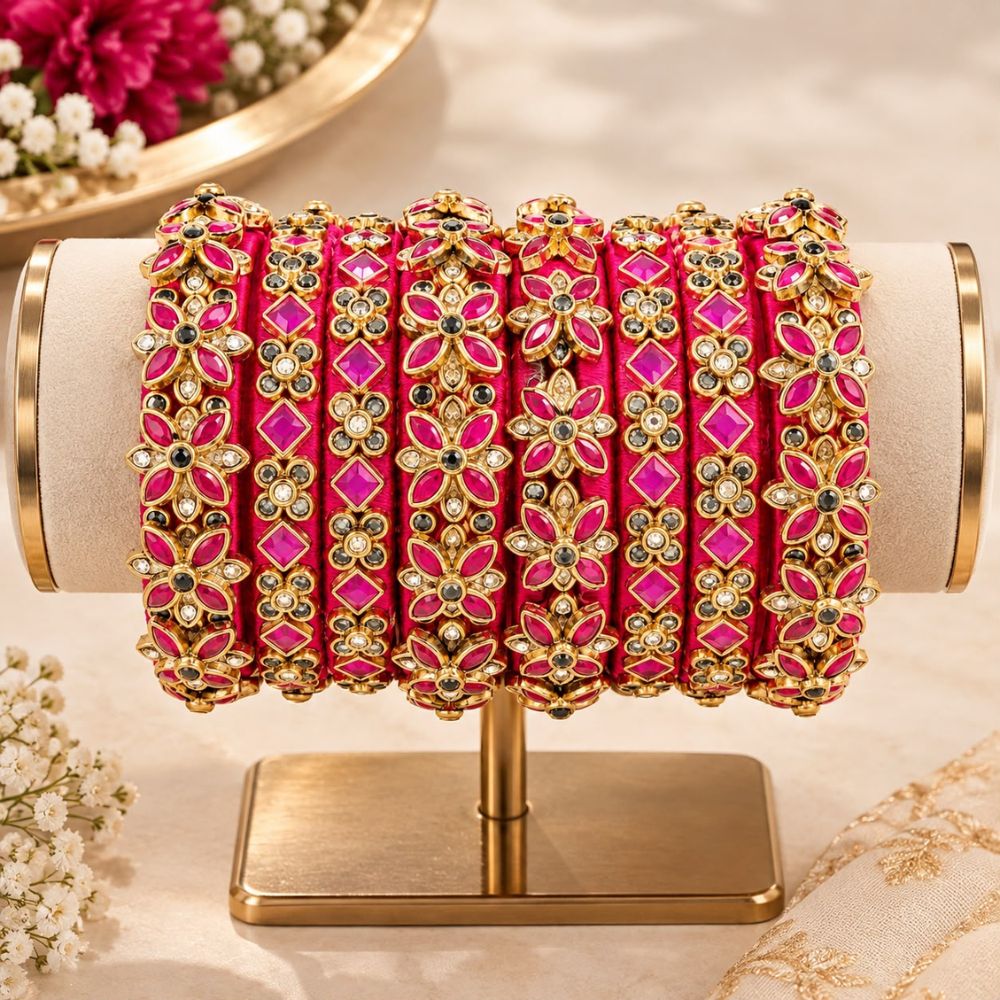 Ridhimi – Rani Pink Floral Stone Studded Bangles Set