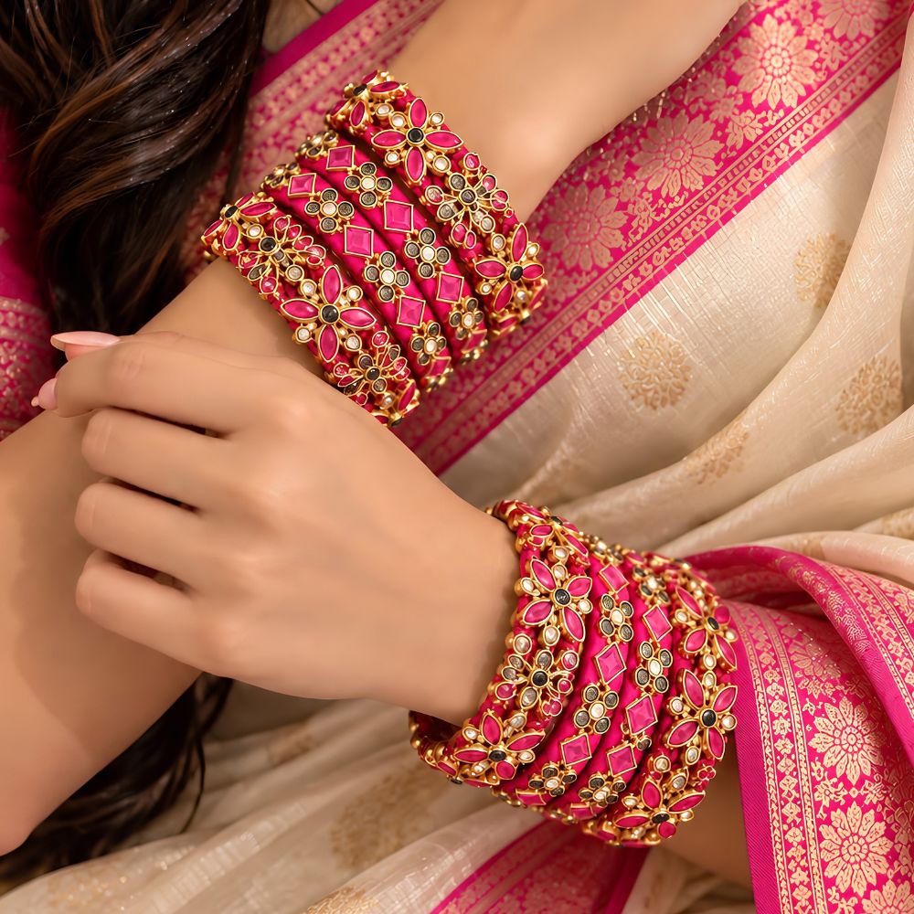 Ridhimi – Rani Pink Floral Stone Studded Bangles Set