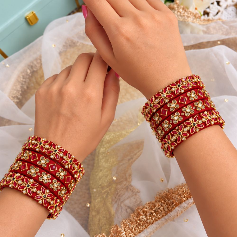 Ridhima – Maroon Floral Stone Studded Bangles Set