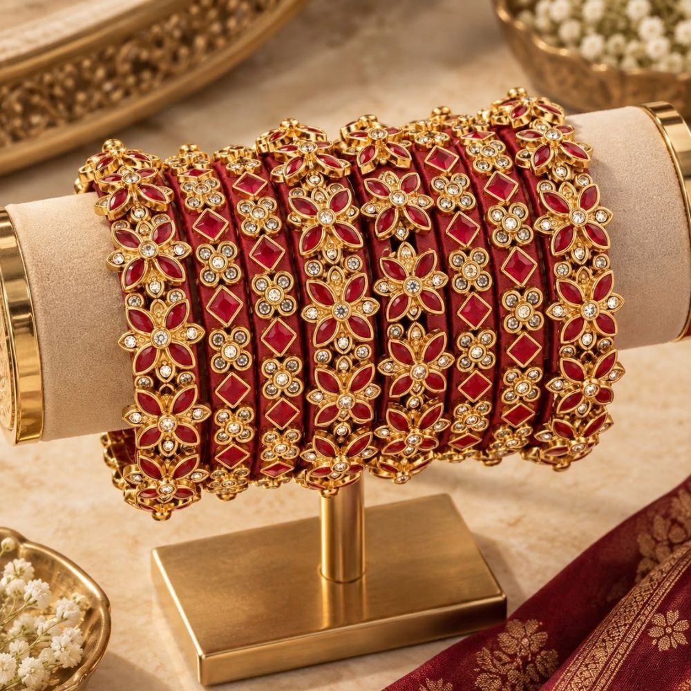 Ridhima – Maroon Floral Stone Studded Bangles Set