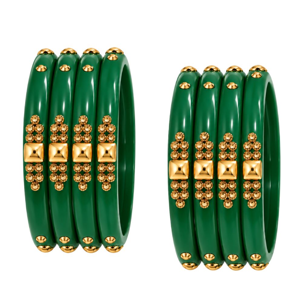 Praanya - Embellished Green Glass Bangles Set of 8
