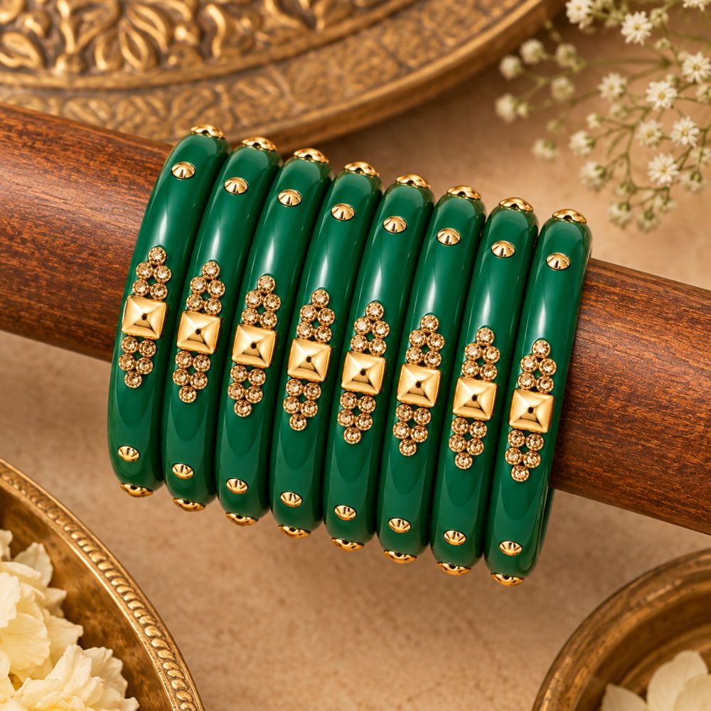 Praanya - Embellished Green Glass Bangles Set of 8