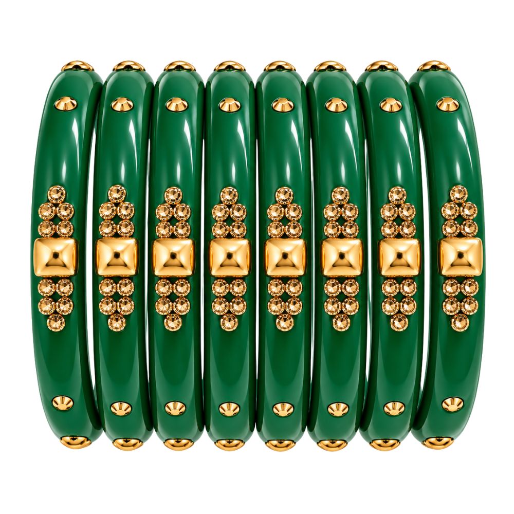 Praanya - Embellished Green Glass Bangles Set of 8