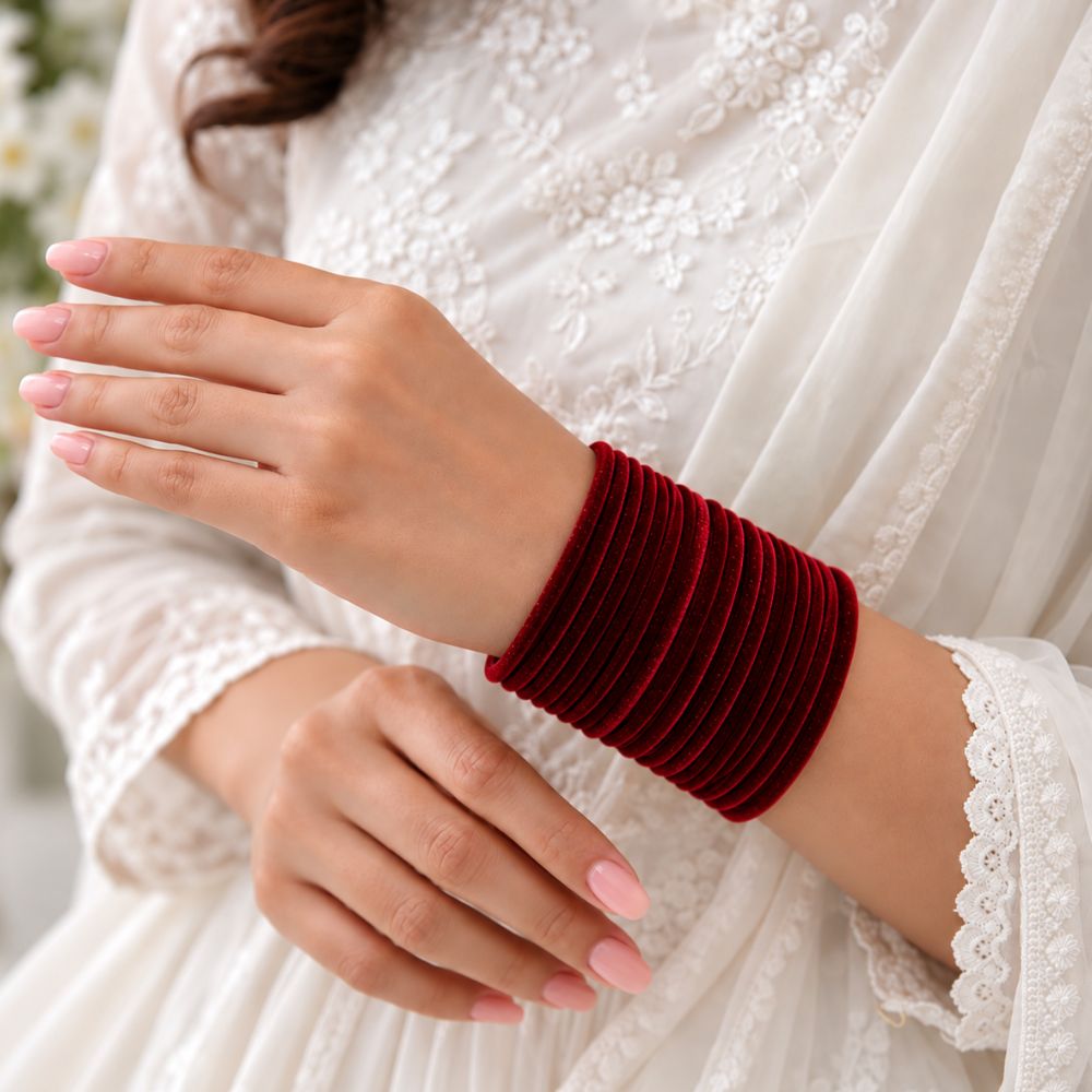 Dayami- Maroon Velvet Glass Bangles Set of 24