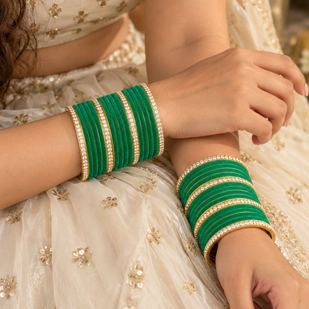 Divyasha- Green Velvet Glass Bangles Set of 24 with White Stone Accents