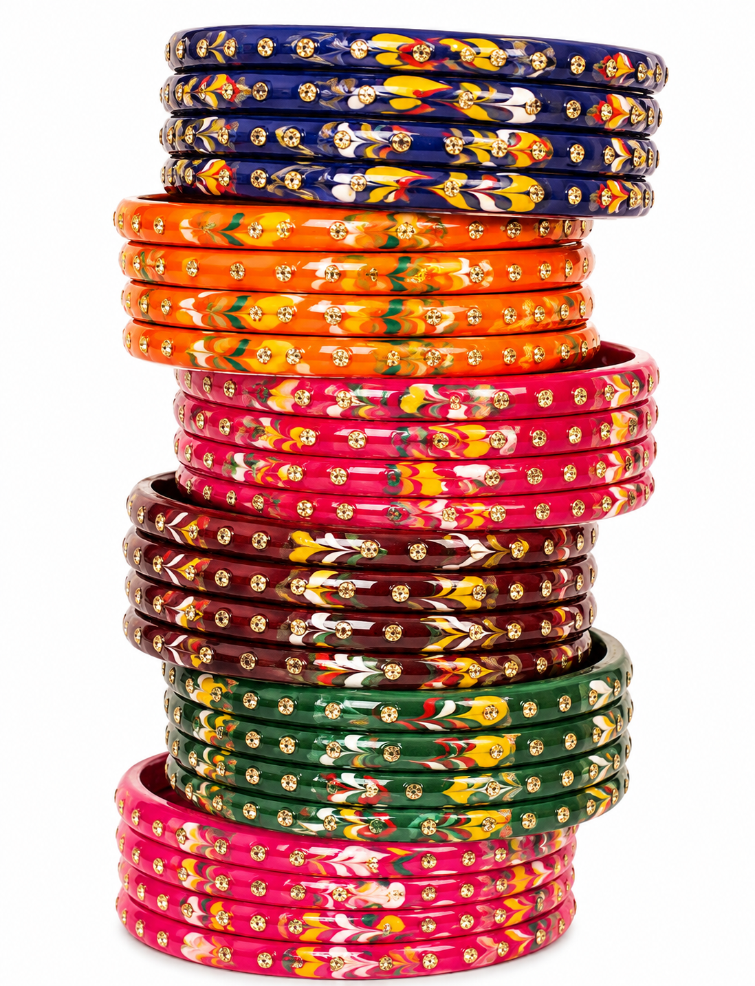 Rudrakshi- Multicolour Floral Glass Bangles Set of 24