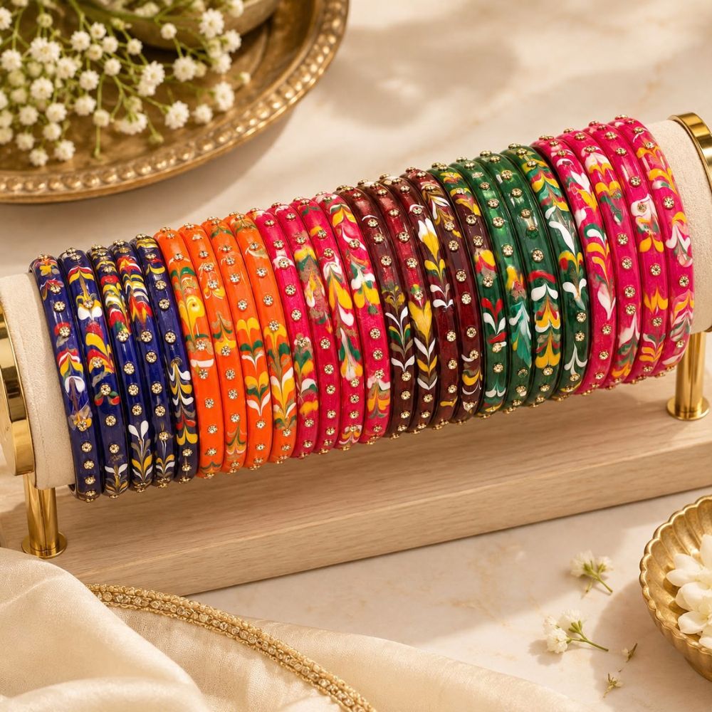 Rudrakshi- Multicolour Floral Glass Bangles Set of 24