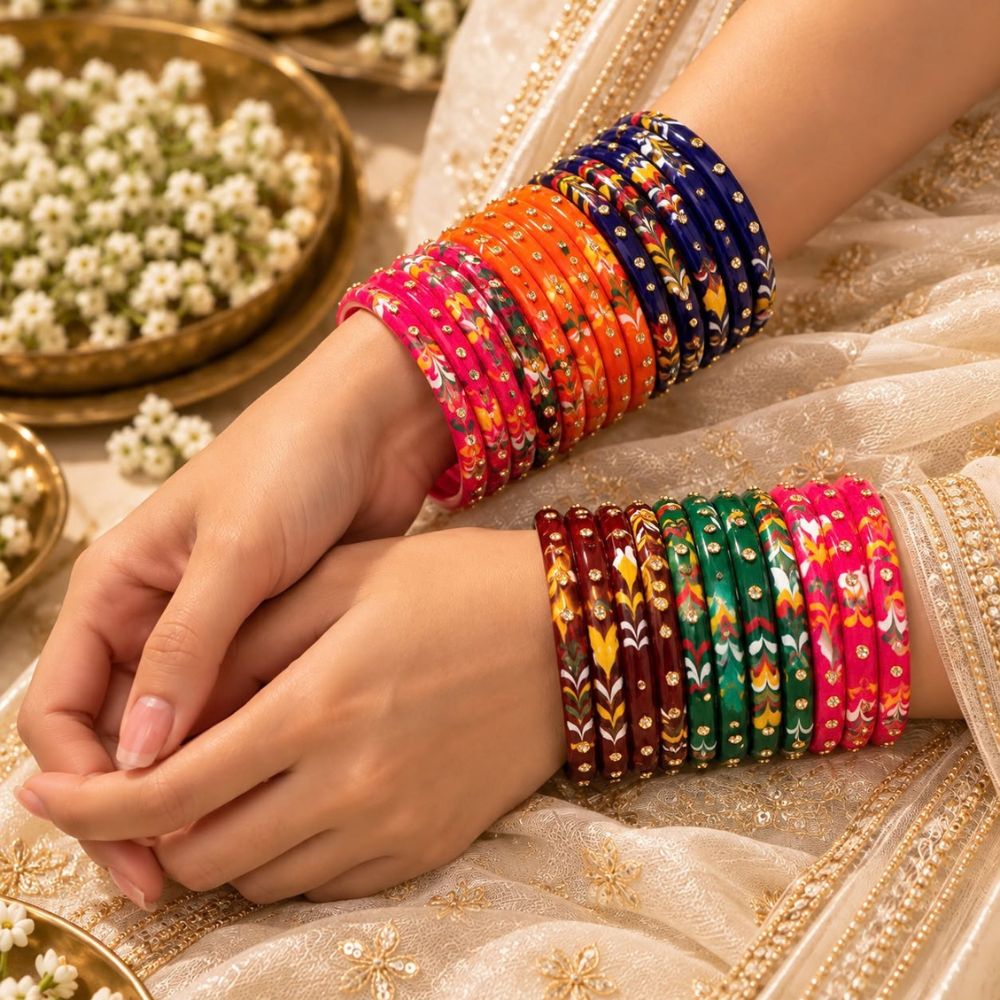 Rudrakshi- Multicolour Floral Glass Bangles Set of 24
