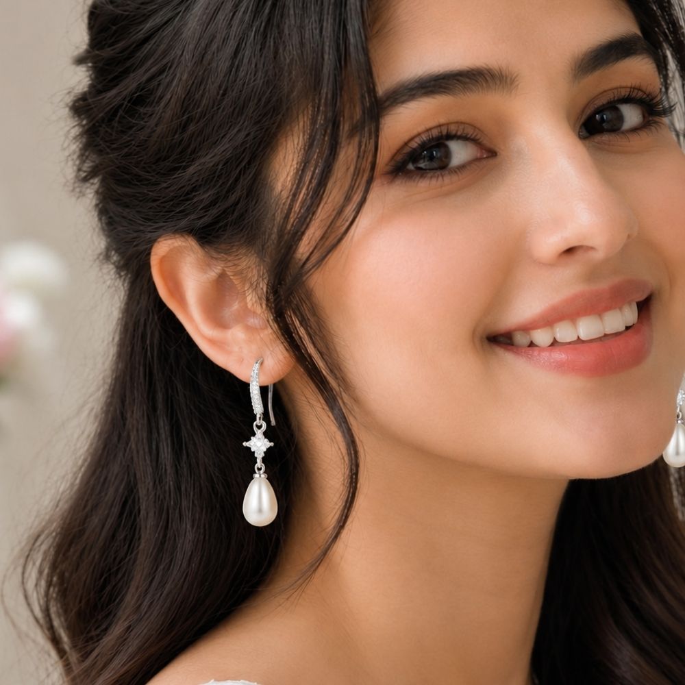 Bridget- Silver Pearl Drop Earrings