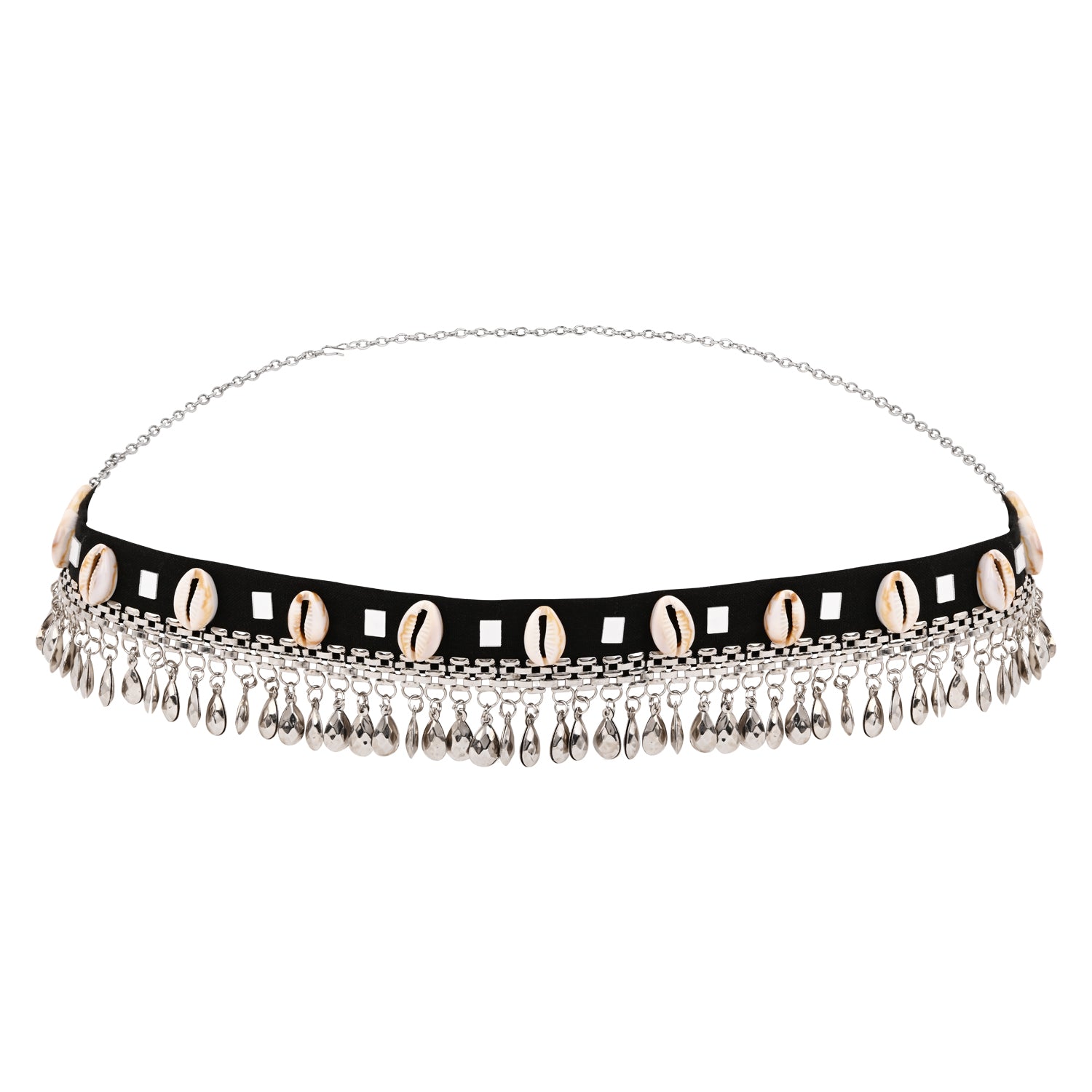 Ethnic Oxidised Cowrie Belt- Black Thread with Silver Danglers