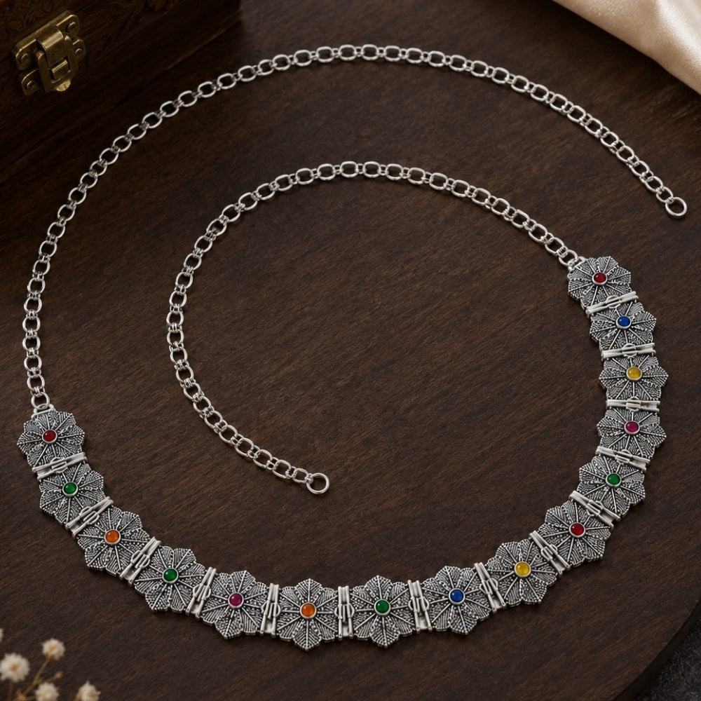 Mevika- Silver Oxidised Multicolour Floral Kamarbandh Waist Chain