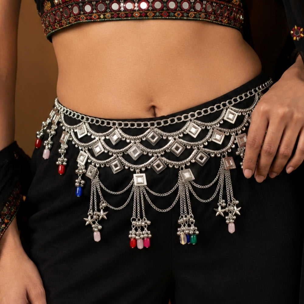 Era- Silver Oxidised Multicolour Beaded Layered Kamarbandh Waist Chain