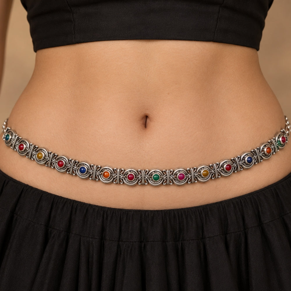 Sihaab Oxidised Silver Multicolour Bell Chain