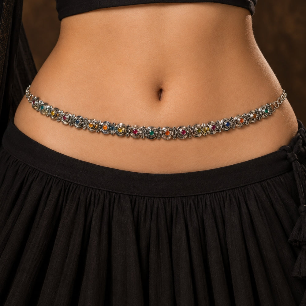 Sihaab Oxidised Silver Multicolour Bell Chain
