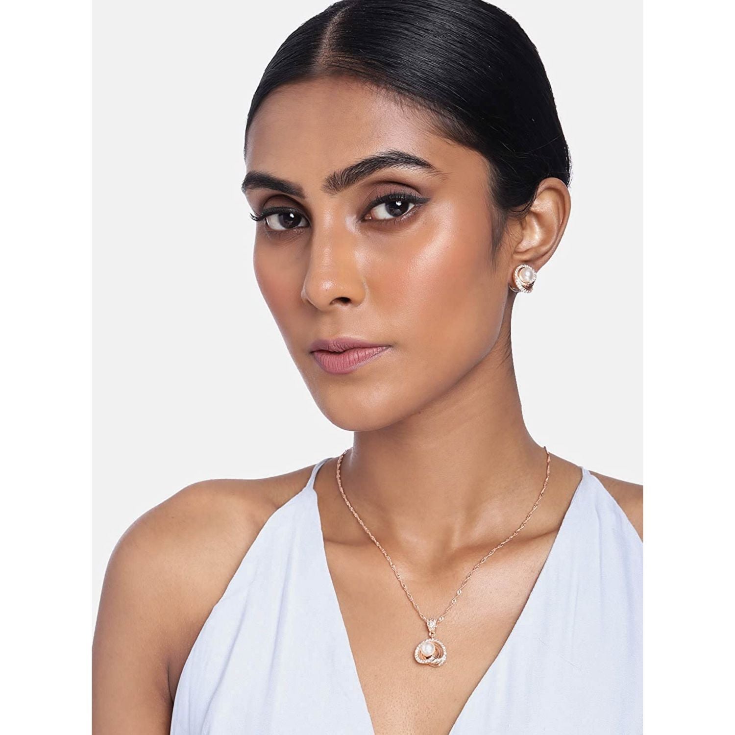 Rose Gold Cubic Zirconia Pendant Set & Adjustable Bracelet