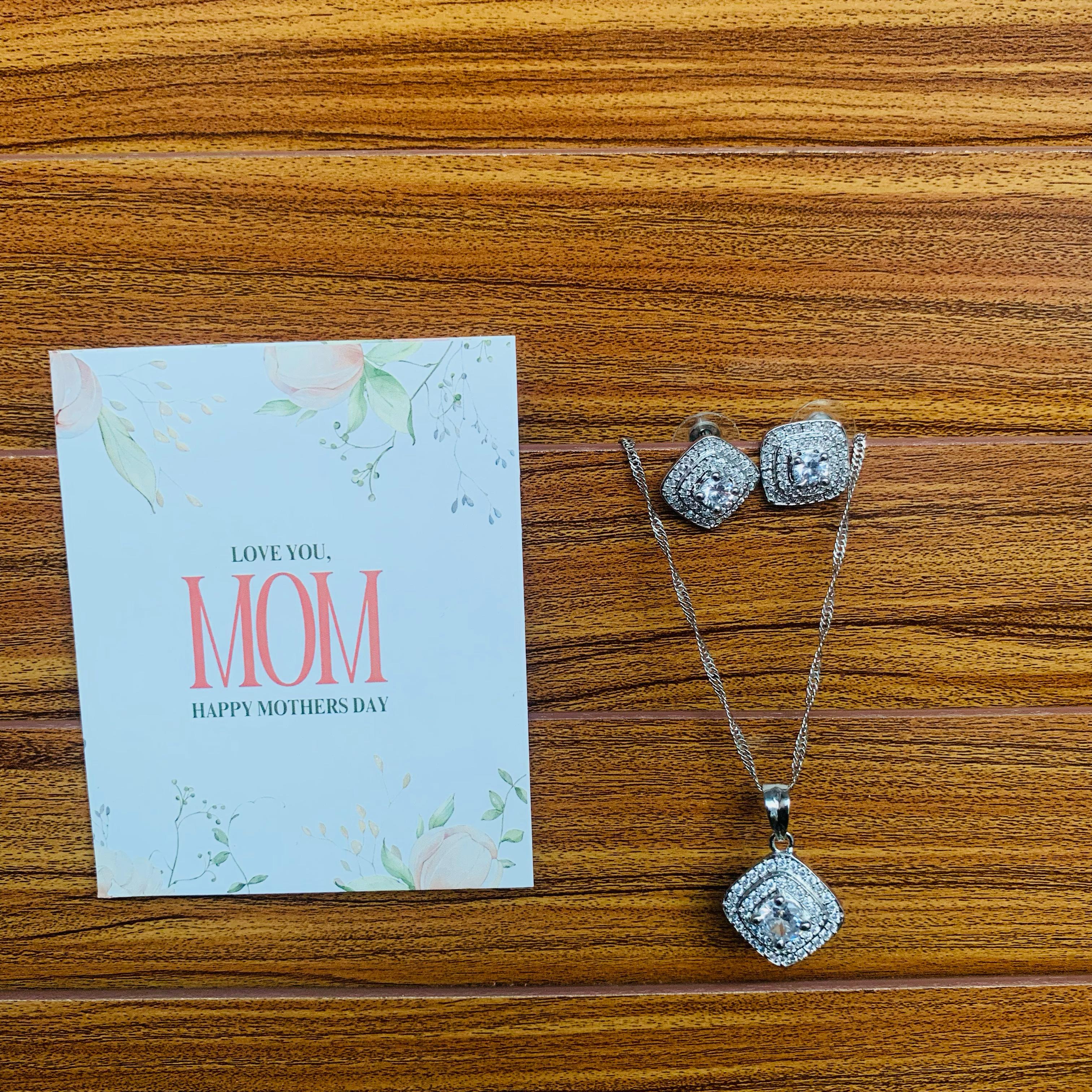Elegant Crystal Pendant & Stud Set with Mother’s Day Card