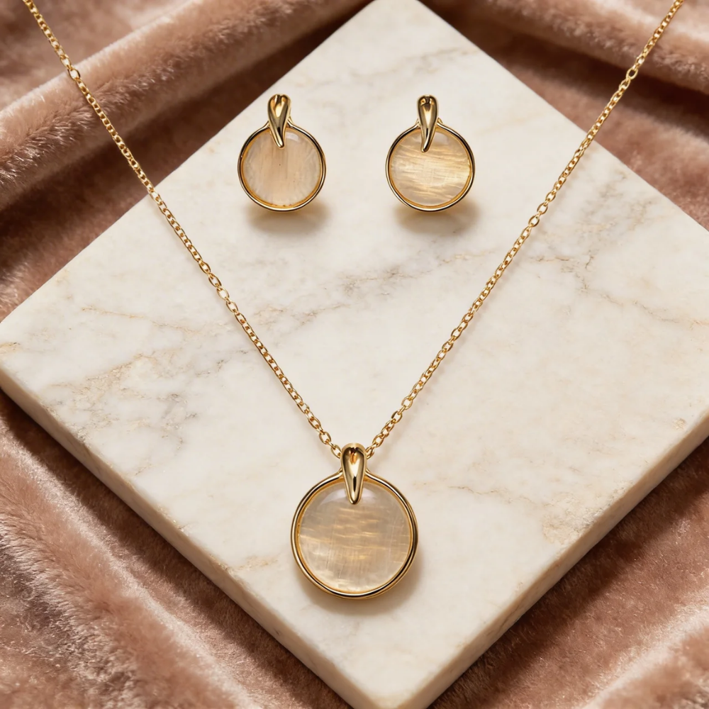 Lily- Gold-Tone Round Pendant Necklace & Stud Earrings Set