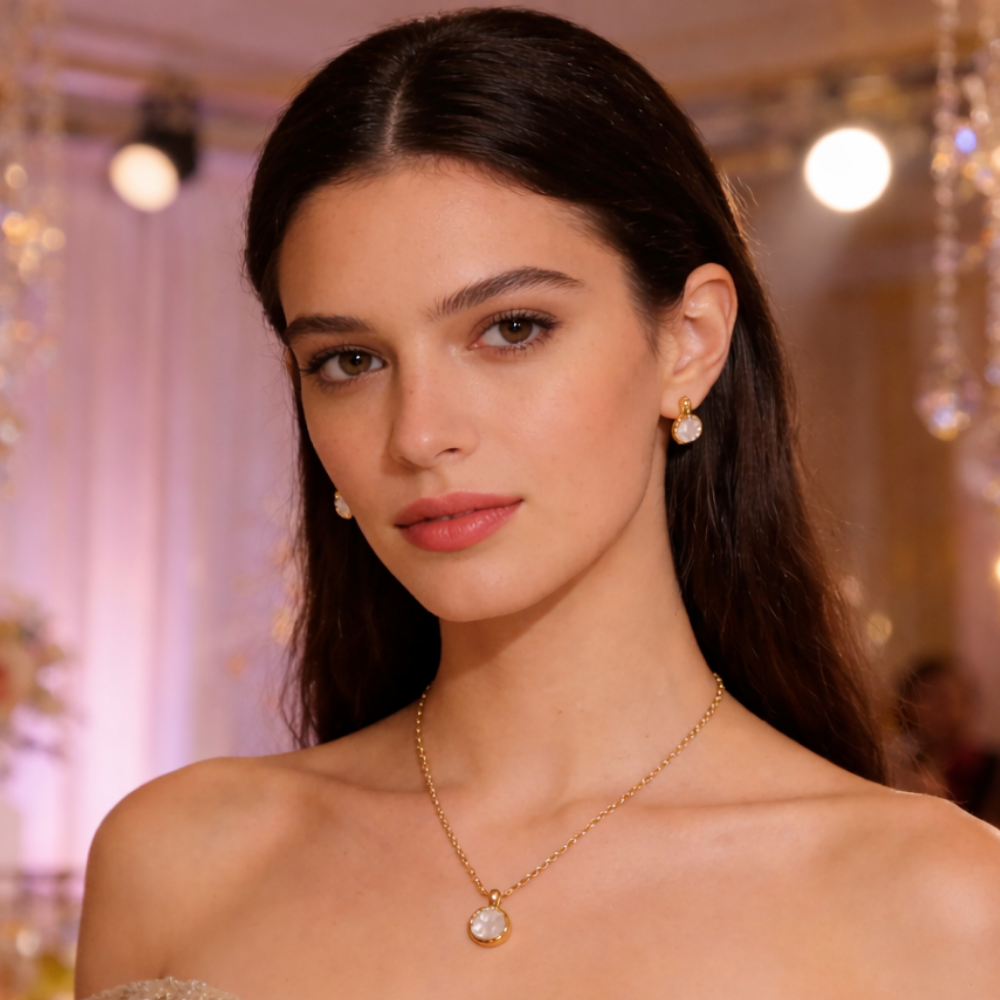 Lily- Gold-Tone Round Pendant Necklace & Stud Earrings Set