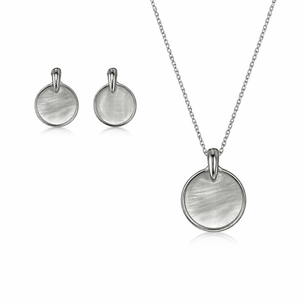 Lily- Silver-Tone Round Pendant Necklace & Stud Earrings Set