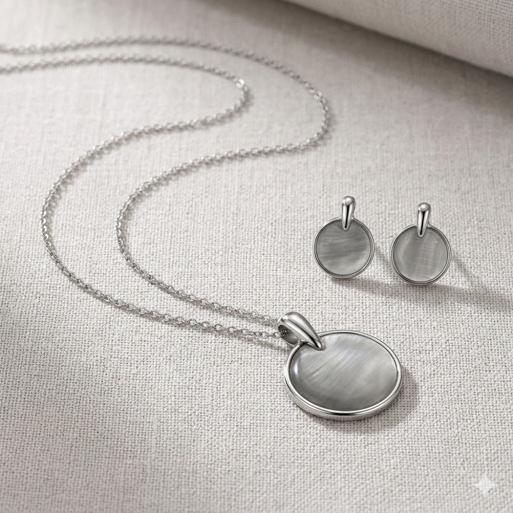 Lily- Silver-Tone Round Pendant Necklace & Stud Earrings Set