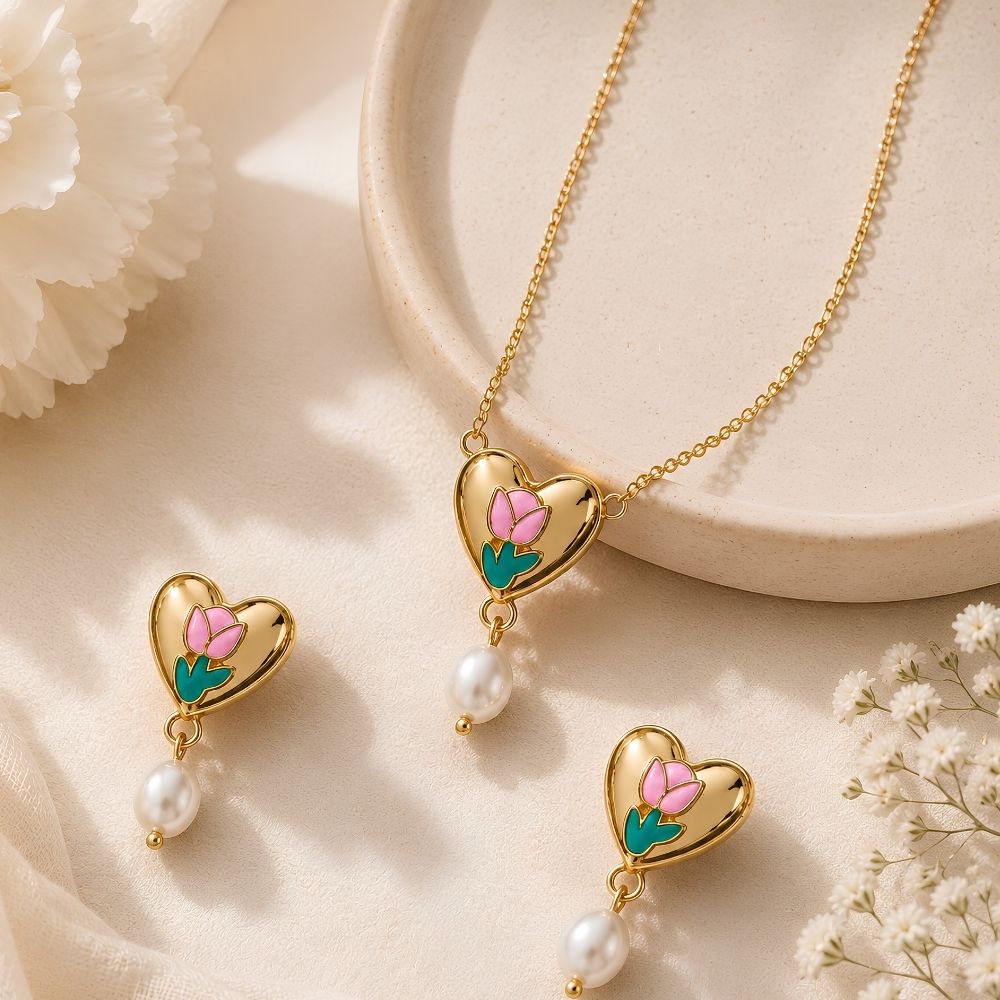 Sylvie- Heart Floral Pearl Drop Necklace