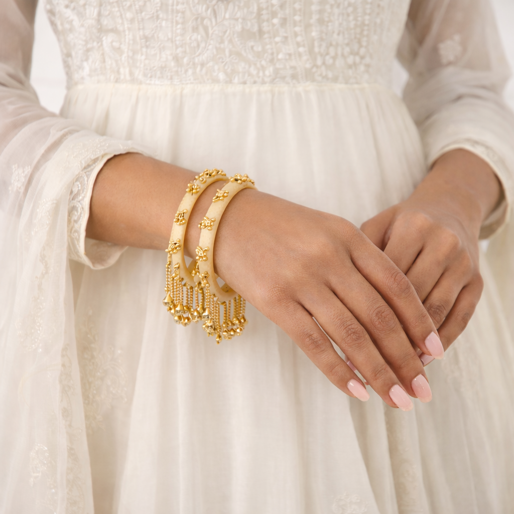 Indira- Cream Heritage Ghungroo Bangles (Set of 2)