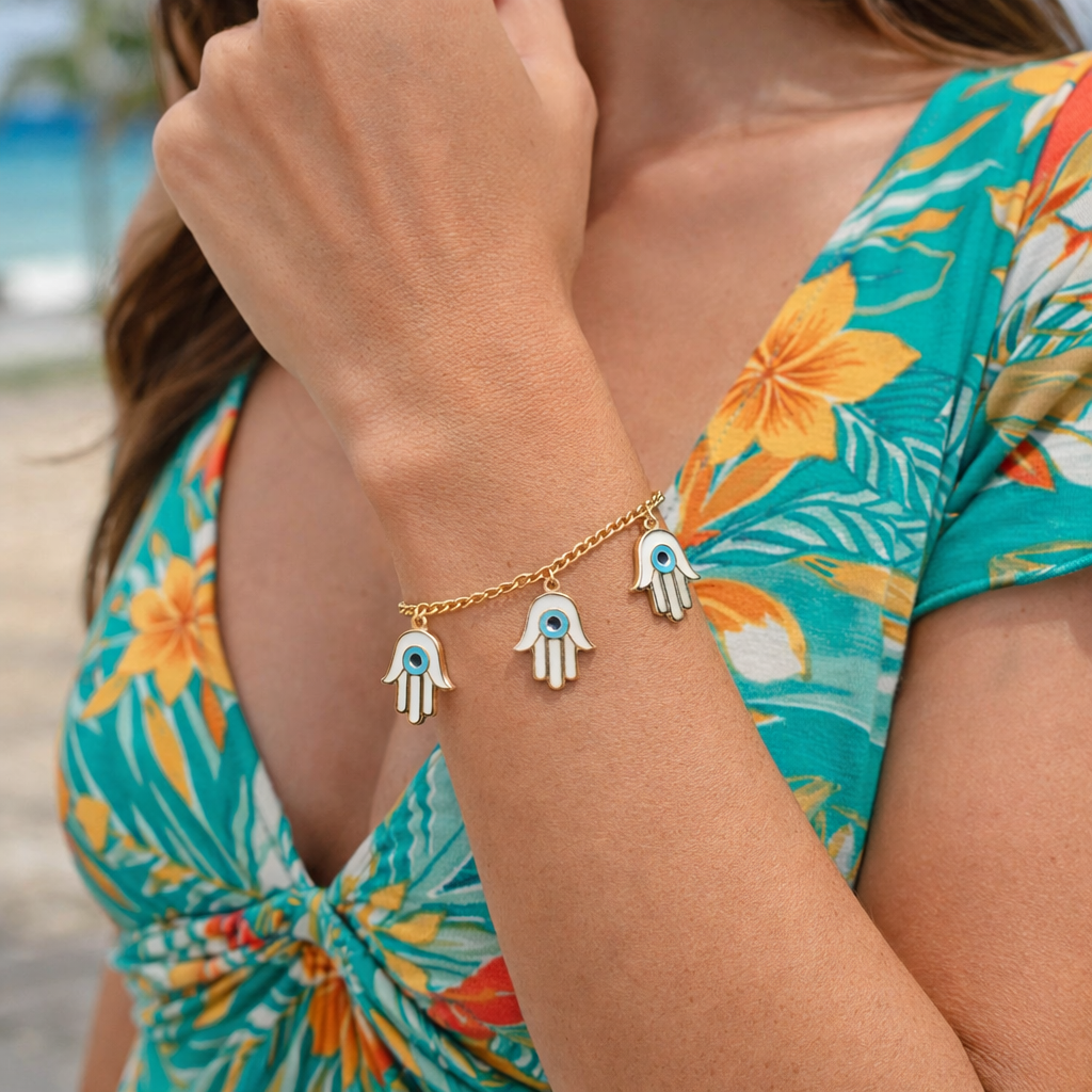 Hamsa Hand Triple Evil Eye Charm Bracelet
