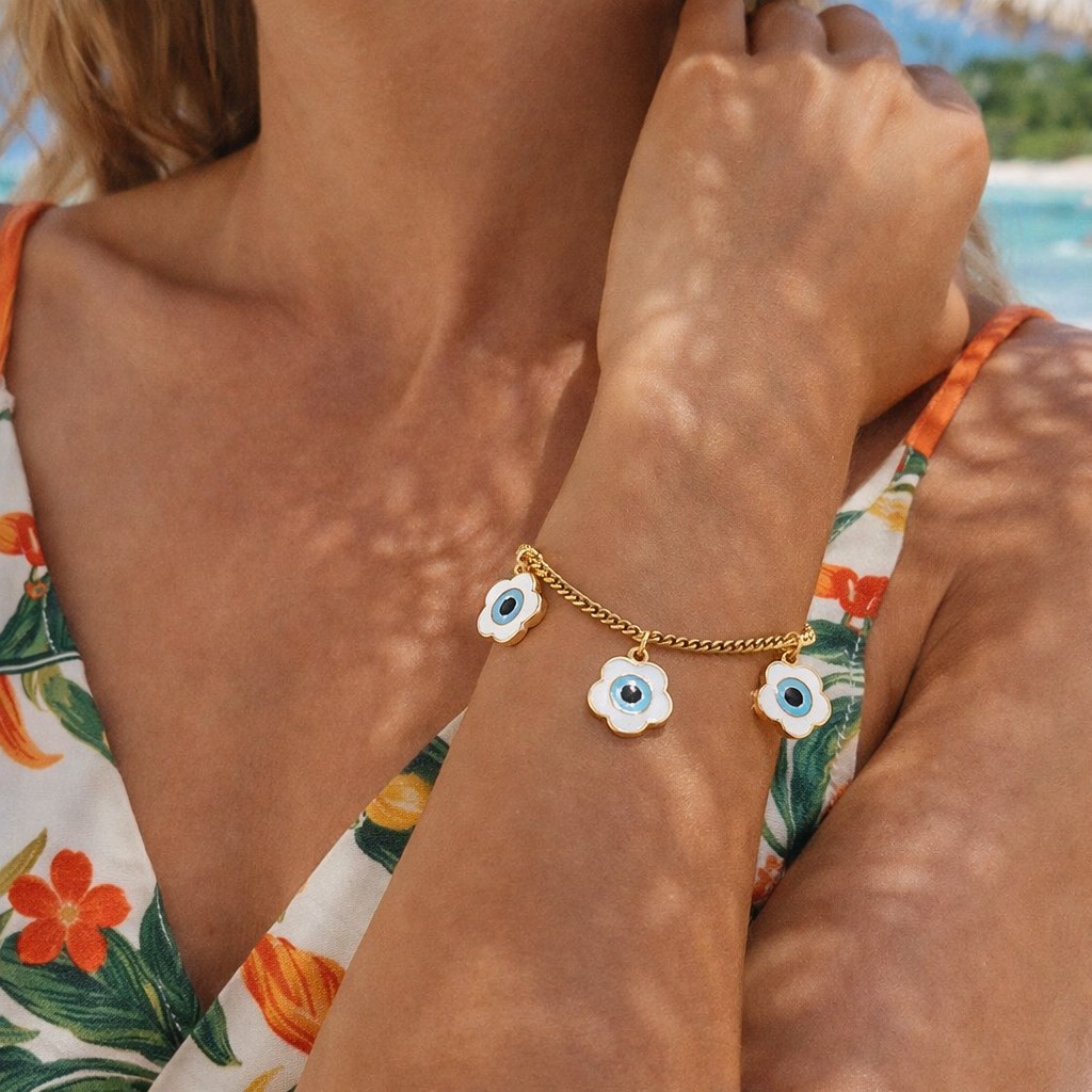 Evil Eye Triple Flower Charm Bracelet