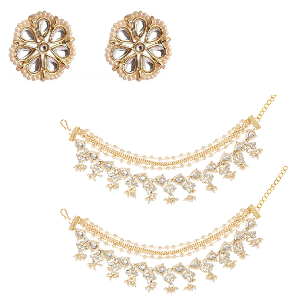 Kundan Stud Earrings with Beaded Pearl Ear Chains (Earring + Earchain Combo)