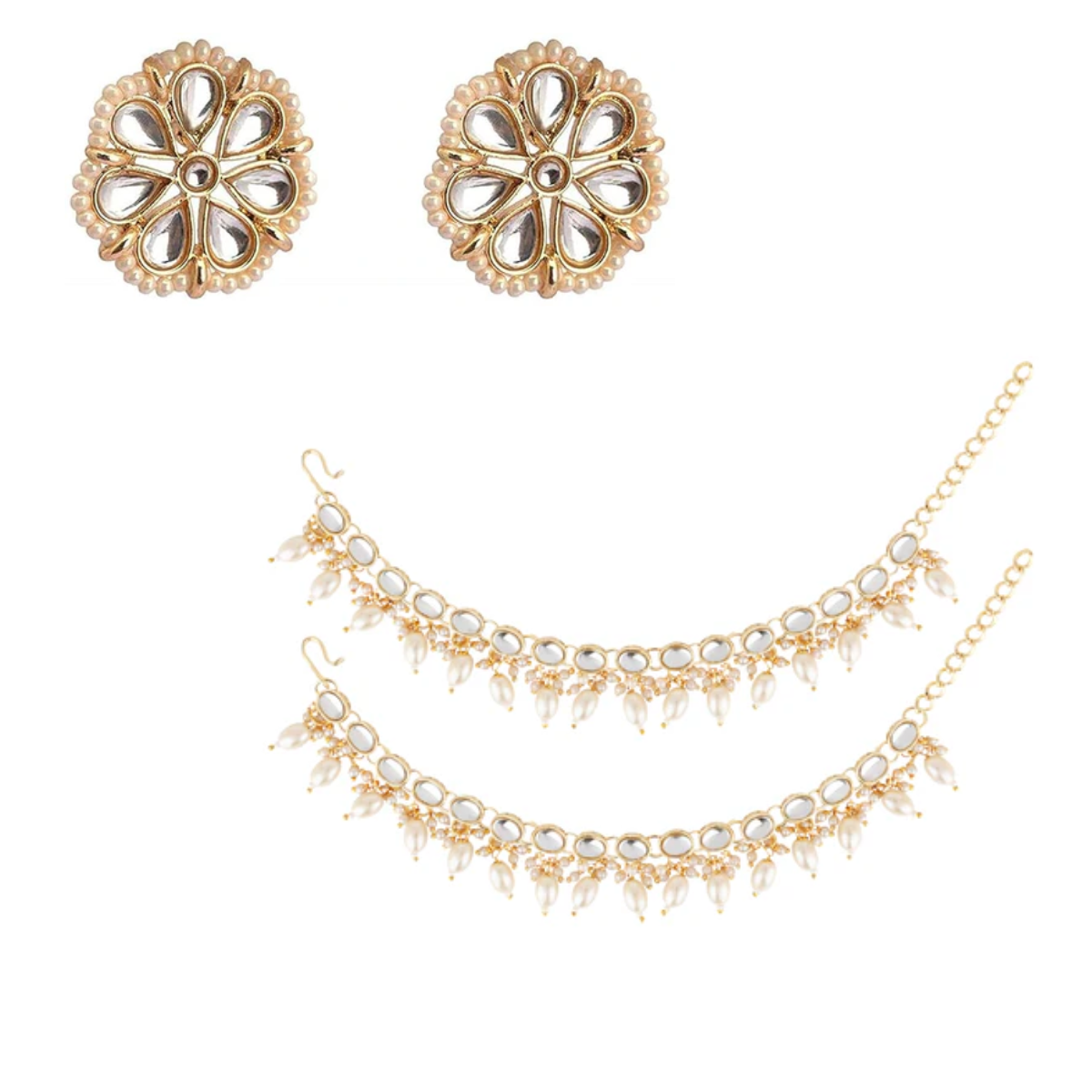 Kundan Floral Stud Earrings with Pearl Drop Detachable Ear Chains for Women (Earring + Earchain Combo)