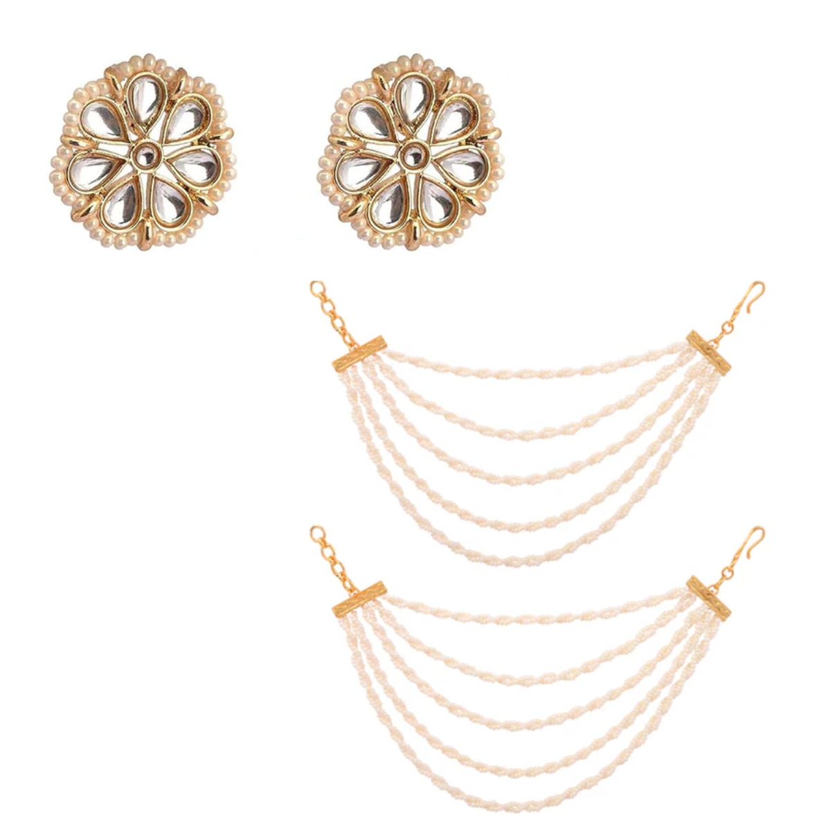 Floral Kundan Earrings with Layered Beaded Ear Chains (Earring + Earchain Combo)