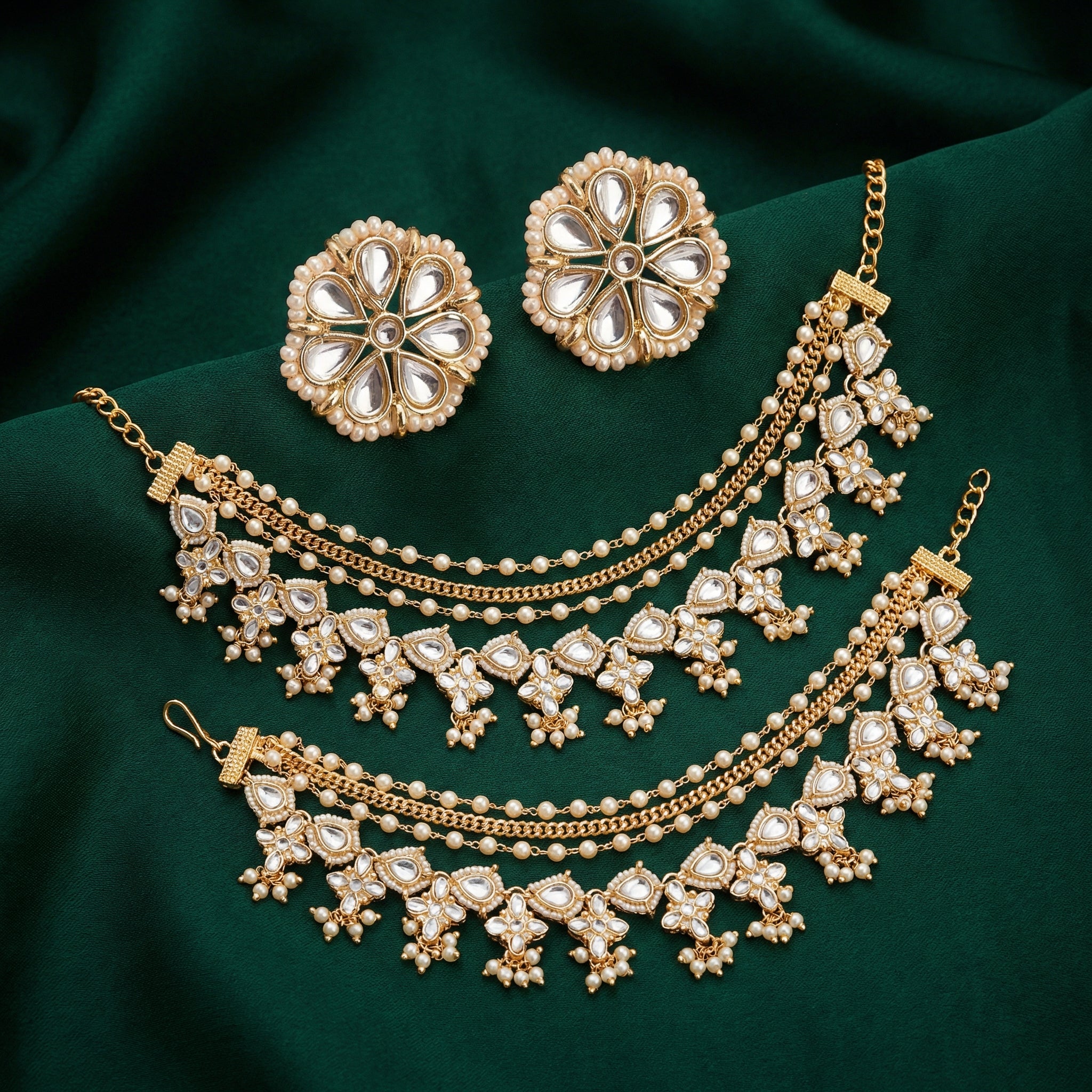 Kundan Stud Earrings with Beaded Pearl Ear Chains (Earring + Earchain Combo)