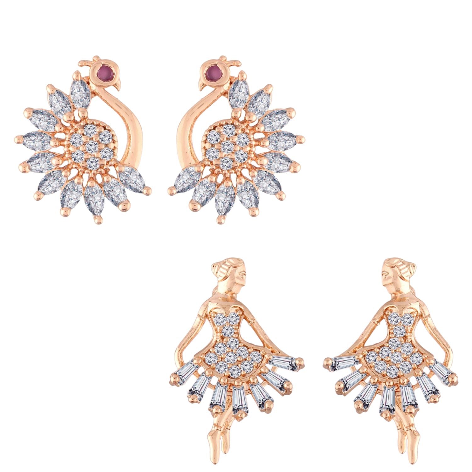 (Pack of 2) Rose Gold Cubic Zirconia Stud Earrings