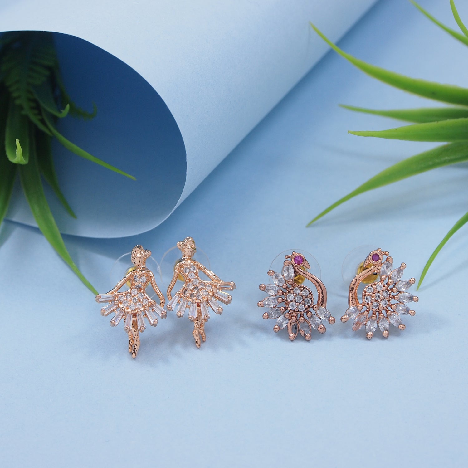 (Pack of 2) Rose Gold Cubic Zirconia Stud Earrings